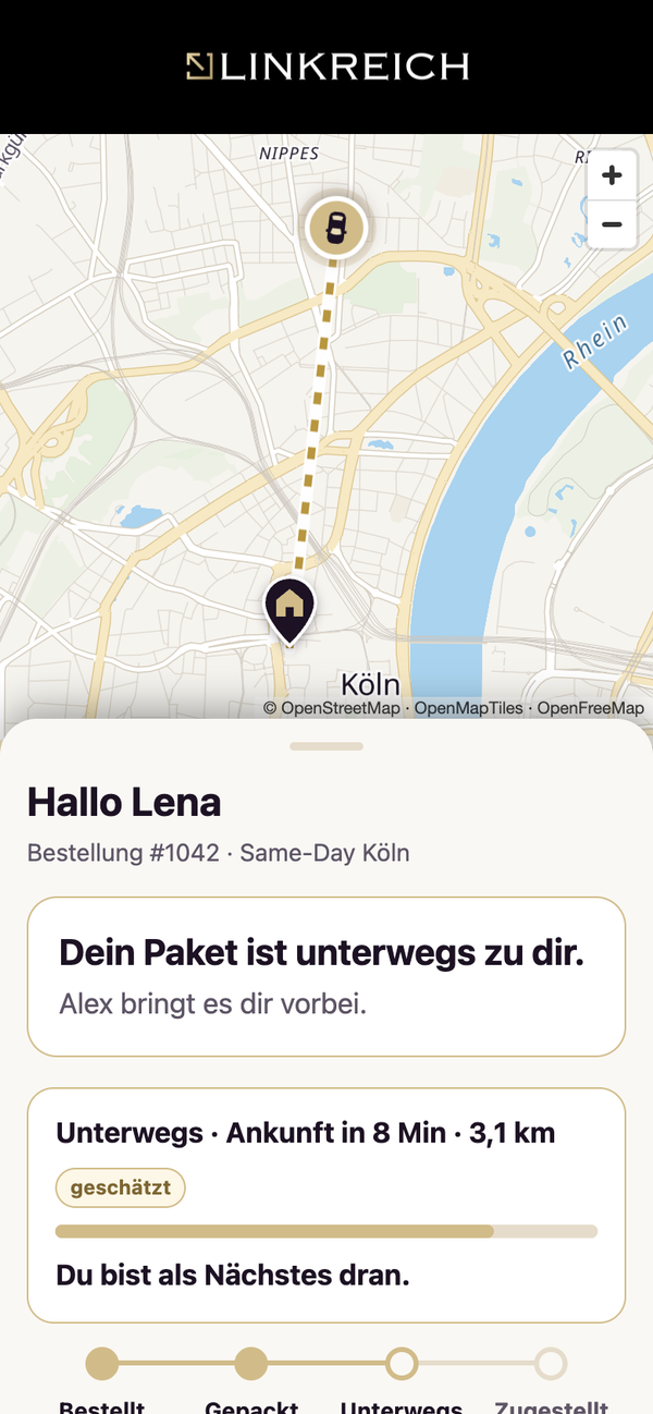 Verfolgungsseite mit Karte: der Fahrer ist unterwegs zu dir (Beispiel mit Testdaten)