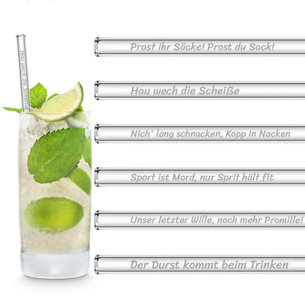 Sauf Sprüche Edition 6 gravierte Glasstrohhalme Trinksprüche Trinkspiele (Glastrinkhalme) kaufen bei Linkreich – Jetzt entdecken!