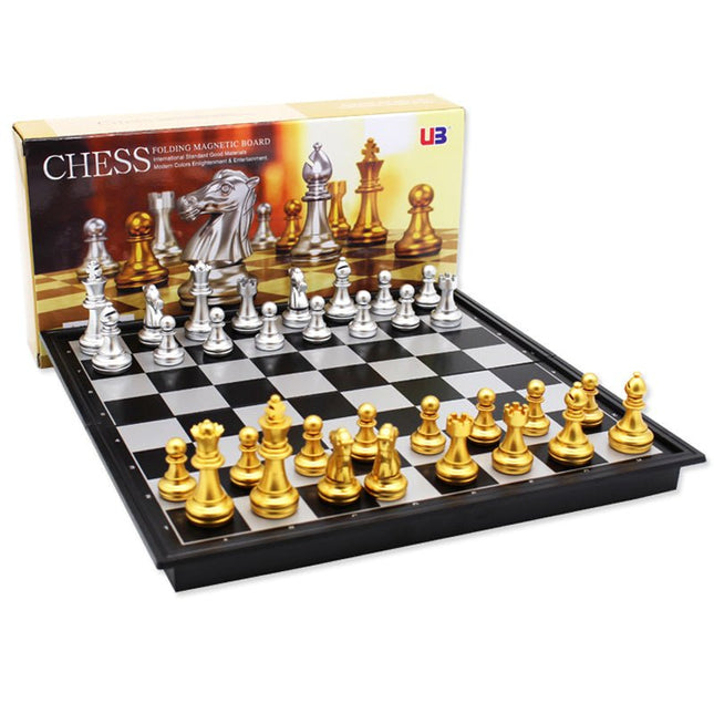 SEO. Schachspiel magnetisch Premium Schachbrett Gold Silber 25x25 cm - Reiseschach mit Figuren - Linkreich