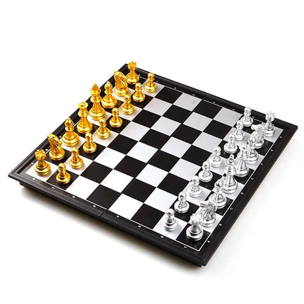 SEO. Schachspiel magnetisch Premium Schachbrett Gold Silber 25x25 cm - Reiseschach mit Figuren - Linkreich