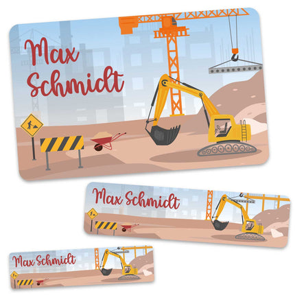 SEO. Schuletiketten mit Namen - Baustelle Design - 100 Aufkleber in verschiedenen Größen - Bagger Linkreich