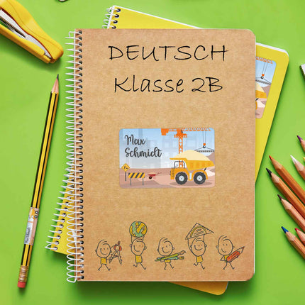 SEO. Schuletiketten mit Namen - Baustelle Design - 100 Aufkleber in verschiedenen Größen - Kipplaster Linkreich