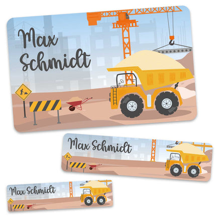 SEO. Schuletiketten mit Namen - Baustelle Design - 100 Aufkleber in verschiedenen Größen - Kipplaster Linkreich