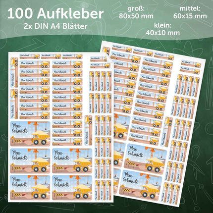 SEO. Schuletiketten mit Namen - Baustelle Design - 100 Aufkleber in verschiedenen Größen - Kipplaster Linkreich