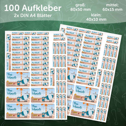 SEO. Schuletiketten mit Namen - Baustelle Design - 100 Aufkleber in verschiedenen Größen - Betonmischer Linkreich