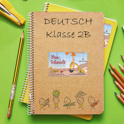 SEO. Schuletiketten mit Namen - Baustelle Design - 100 Aufkleber in verschiedenen Größen - Bagger Linkreich