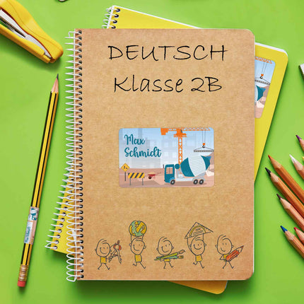 SEO. Schuletiketten mit Namen - Baustelle Design - 100 Aufkleber in verschiedenen Größen - Betonmischer Linkreich