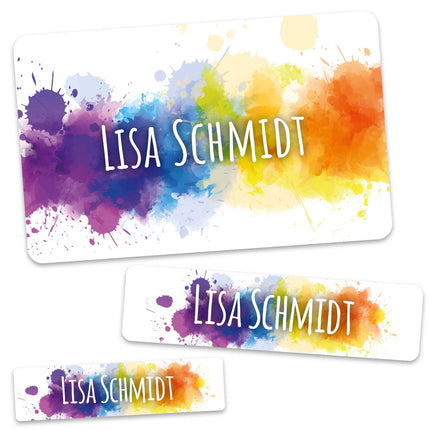 SEO. Schuletiketten mit Namen - Color Splash Design - 100 Aufkleber in verschiedenen Größen - Linkreich