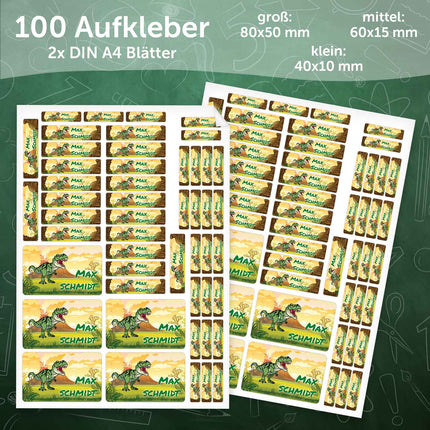 SEO. Schuletiketten mit Namen - Dinosaurier Design - 100 Aufkleber in verschiedenen Größen - Linkreich