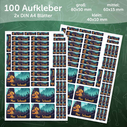 SEO. Schuletiketten mit Namen - Drachen Design - 100 Aufkleber in verschiedenen Größen - Gelb Linkreich