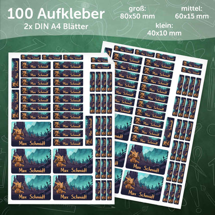 SEO. Schuletiketten mit Namen - Drachen Design - 100 Aufkleber in verschiedenen Größen - Braun Linkreich