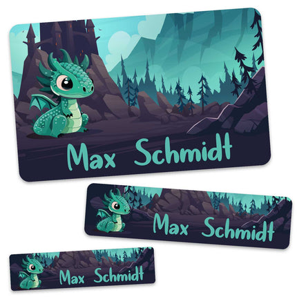 SEO. Schuletiketten mit Namen - Drachen Design - 100 Aufkleber in verschiedenen Größen - Grün Linkreich