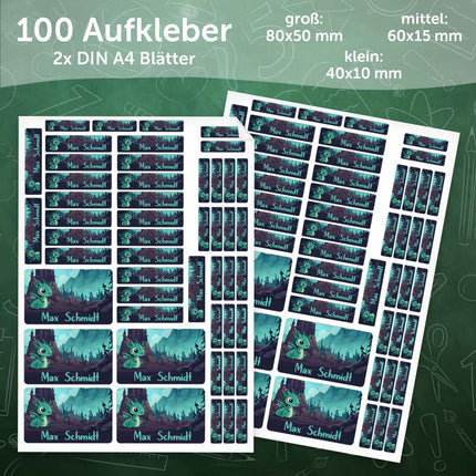 SEO. Schuletiketten mit Namen - Drachen Design - 100 Aufkleber in verschiedenen Größen - Grün Linkreich