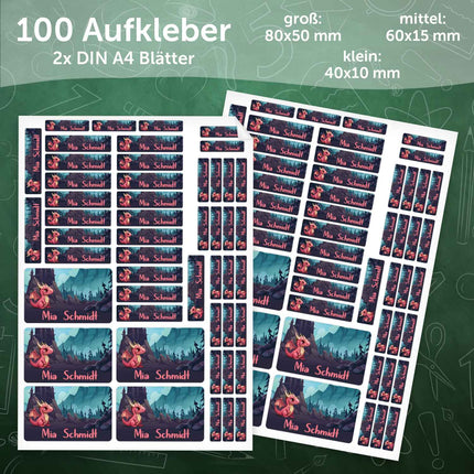 SEO. Schuletiketten mit Namen - Drachen Design - 100 Aufkleber in verschiedenen Größen - Rot Linkreich