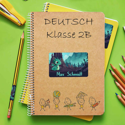 SEO. Schuletiketten mit Namen - Drachen Design - 100 Aufkleber in verschiedenen Größen - Grün Linkreich