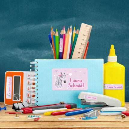 SEO. Schuletiketten mit Namen - Einhorn Design - 100 Aufkleber in verschiedenen Größen - Linkreich