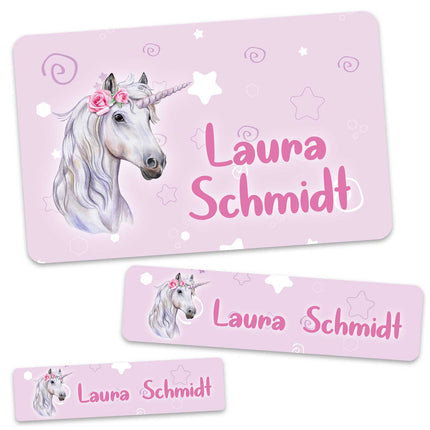 SEO. Schuletiketten mit Namen - Einhorn Design - 100 Aufkleber in verschiedenen Größen - Linkreich