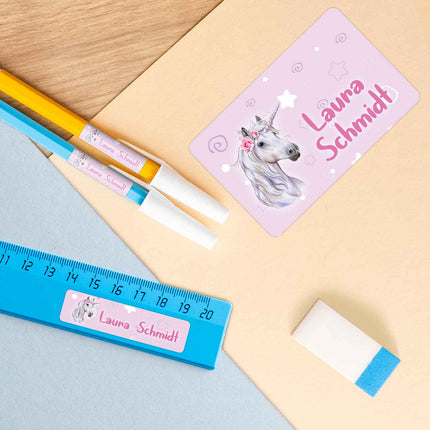 SEO. Schuletiketten mit Namen - Einhorn Design - 100 Aufkleber in verschiedenen Größen - Linkreich