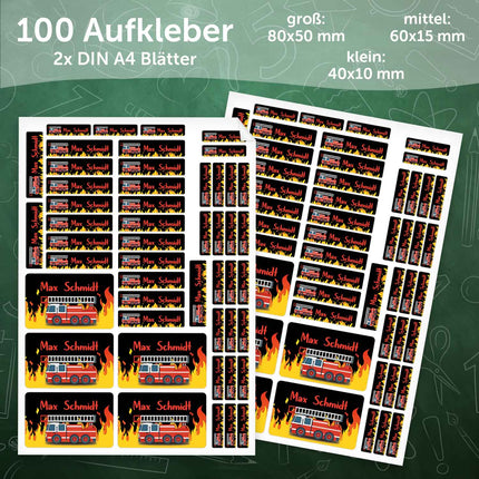 SEO. Schuletiketten mit Namen - Feuerwehr Design - 100 Aufkleber in verschiedenen Größen - Linkreich