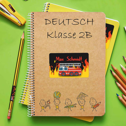 SEO. Schuletiketten mit Namen - Feuerwehr Design - 100 Aufkleber in verschiedenen Größen - Linkreich
