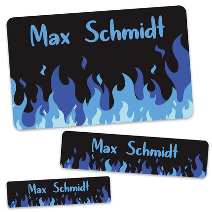 SEO. Schuletiketten mit Namen - Flammen Design - 100 Aufkleber in verschiedenen Größen - Blau Linkreich