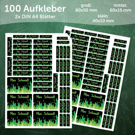 SEO. Schuletiketten mit Namen - Flammen Design - 100 Aufkleber in verschiedenen Größen - Grün Linkreich
