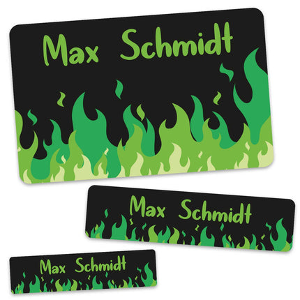 SEO. Schuletiketten mit Namen - Flammen Design - 100 Aufkleber in verschiedenen Größen - Grün Linkreich