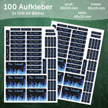 SEO. Schuletiketten mit Namen - Flammen Design - 100 Aufkleber in verschiedenen Größen - Blau Linkreich