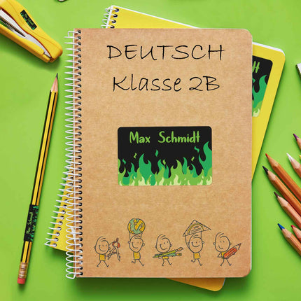 SEO. Schuletiketten mit Namen - Flammen Design - 100 Aufkleber in verschiedenen Größen - Grün Linkreich