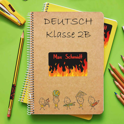 SEO. Schuletiketten mit Namen - Flammen Design - 100 Aufkleber in verschiedenen Größen - Rot Linkreich