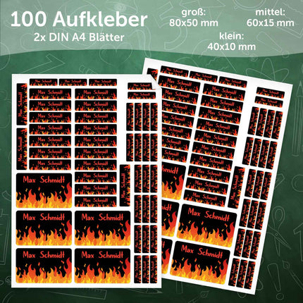 SEO. Schuletiketten mit Namen - Flammen Design - 100 Aufkleber in verschiedenen Größen - Rot Linkreich