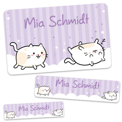 SEO. Schuletiketten mit Namen - Katzen Design - 100 Aufkleber in verschiedenen Größen - Beige Linkreich