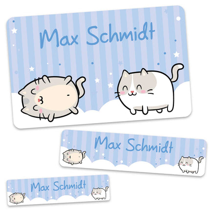 SEO. Schuletiketten mit Namen - Katzen Design - 100 Aufkleber in verschiedenen Größen - Grau Linkreich