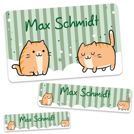 SEO. Schuletiketten mit Namen - Katzen Design - 100 Aufkleber in verschiedenen Größen - Orange Linkreich