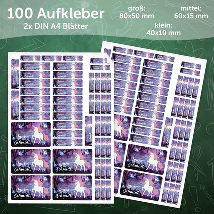 SEO. Schuletiketten mit Namen - Magischer Wald Design - 100 Aufkleber in verschiedenen Größen - Linkreich