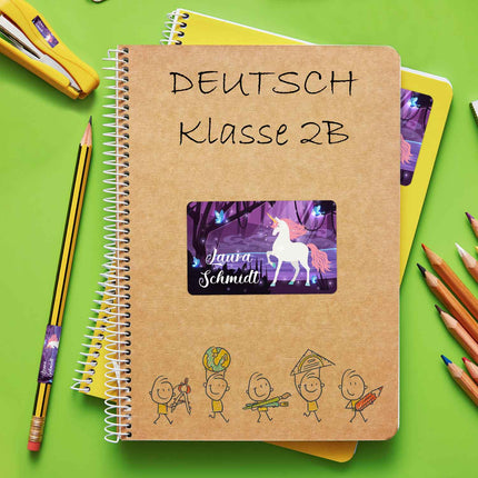 SEO. Schuletiketten mit Namen - Magischer Wald Design - 100 Aufkleber in verschiedenen Größen - Linkreich
