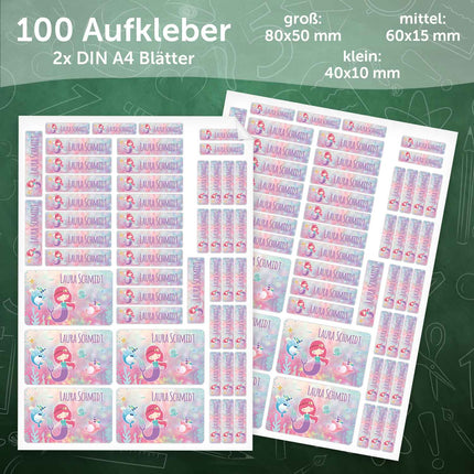 SEO. Schuletiketten mit Namen - Meerjungfrau Design - 100 Aufkleber in verschiedenen Größen - Linkreich