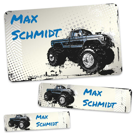 SEO. Schuletiketten mit Namen - Monstertruck Design - 100 Aufkleber in verschiedenen Größen - Linkreich