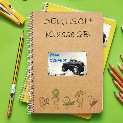 SEO. Schuletiketten mit Namen - Monstertruck Design - 100 Aufkleber in verschiedenen Größen - Linkreich