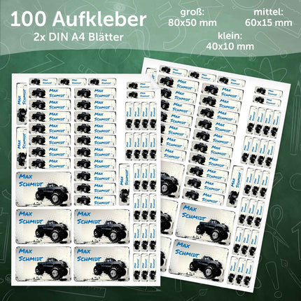 SEO. Schuletiketten mit Namen - Monstertruck Design - 100 Aufkleber in verschiedenen Größen - Linkreich