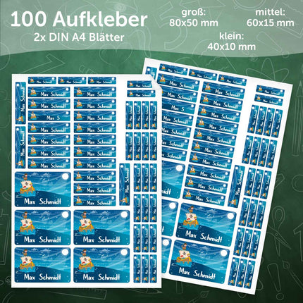 SEO. Schuletiketten mit Namen - Piraten Design - 100 Aufkleber in verschiedenen Größen - Linkreich