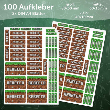 SEO. Schuletiketten mit Namen - Pixel Erde Design - 100 Aufkleber in verschiedenen Größen - Linkreich