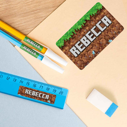 SEO. Schuletiketten mit Namen - Pixel Erde Design - 100 Aufkleber in verschiedenen Größen - Linkreich
