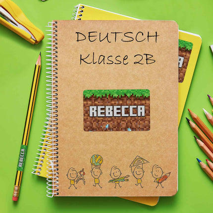 SEO. Schuletiketten mit Namen - Pixel Erde Design - 100 Aufkleber in verschiedenen Größen - Linkreich
