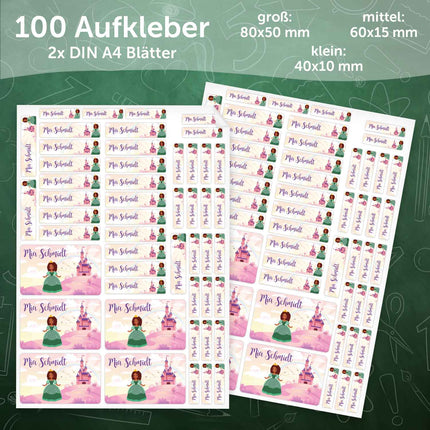 SEO. Schuletiketten mit Namen - Prinzessin Design - 100 Aufkleber in verschiedenen Größen - Grün Linkreich