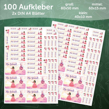 SEO. Schuletiketten mit Namen - Prinzessin Design - 100 Aufkleber in verschiedenen Größen - Rosa Linkreich