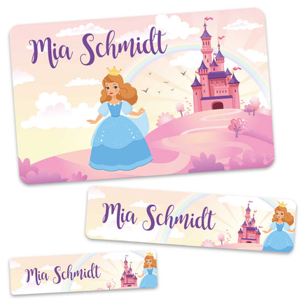 SEO. Schuletiketten mit Namen - Prinzessin Design - 100 Aufkleber in verschiedenen Größen - Blau Linkreich