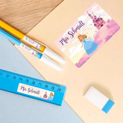 SEO. Schuletiketten mit Namen - Prinzessin Design - 100 Aufkleber in verschiedenen Größen - Blau Linkreich