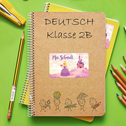 SEO. Schuletiketten mit Namen - Prinzessin Design - 100 Aufkleber in verschiedenen Größen - Lila Linkreich