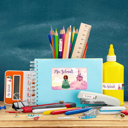 SEO. Schuletiketten mit Namen - Prinzessin Design - 100 Aufkleber in verschiedenen Größen - Grün Linkreich